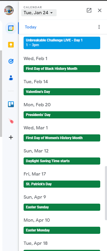 How the calendar look like. Gmail account for my business